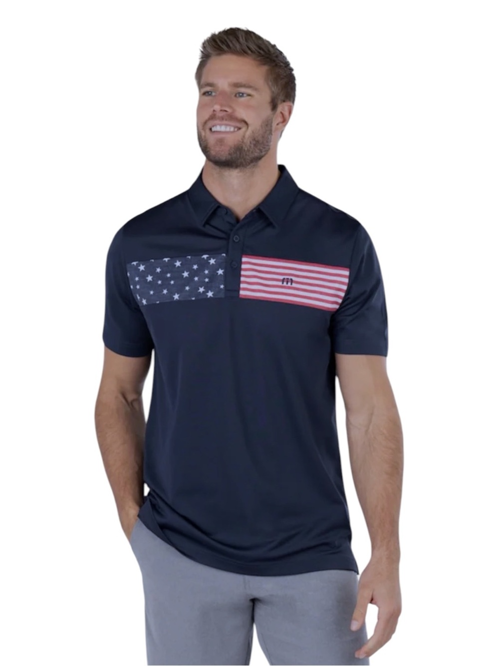 Travis Mathew Sea To Sea Navy Polo with American Flag Chest Panels